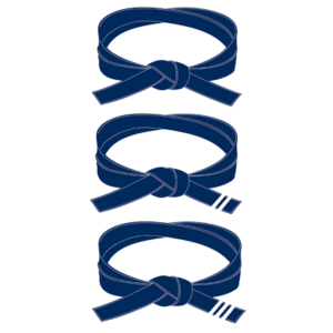 Three blue karate belts showing progression from untied to tied with a knot.