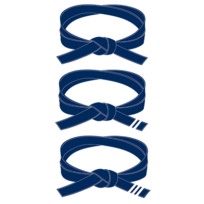 Three blue karate belts showing progression from untied to tied with a knot.